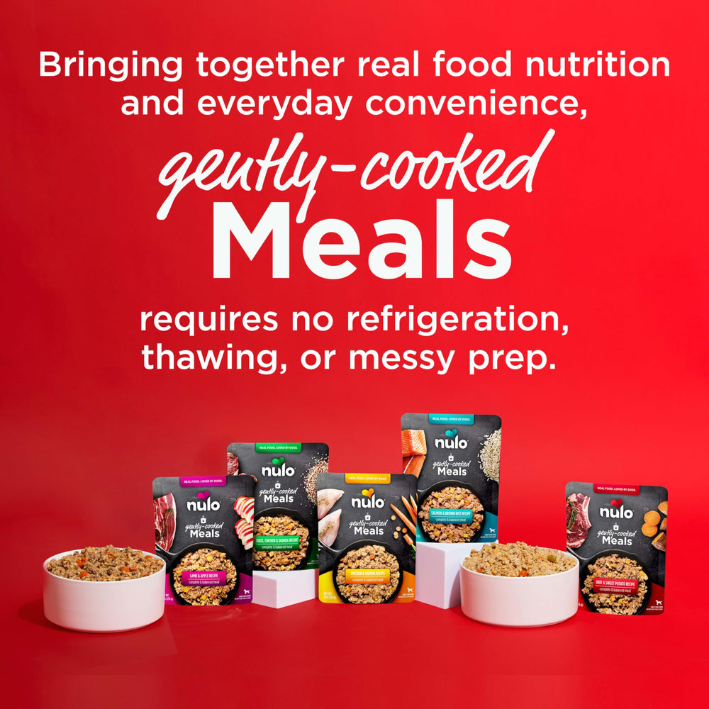 Nulo Gently-Cooked Meals shelf-stable-nature shows no-thaw, quick serving for busy owners.