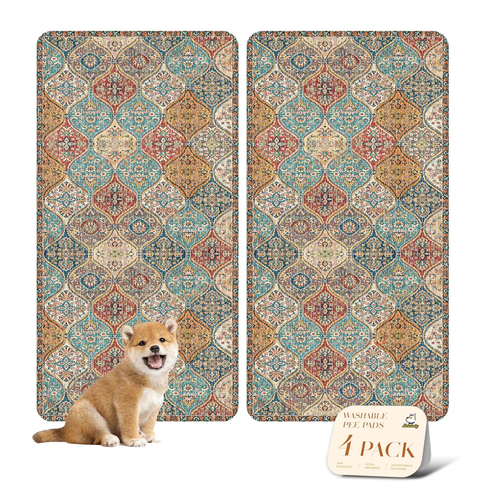 Nunubaby four-pack pee pads on floor protect surfaces from accidents in style.