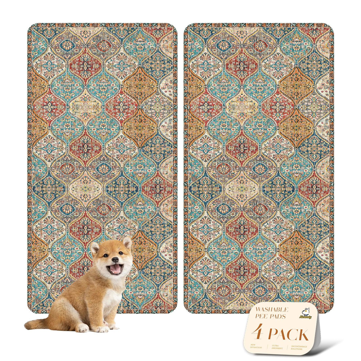 Nunubaby four-pack pee pads on floor protect surfaces from accidents in style.