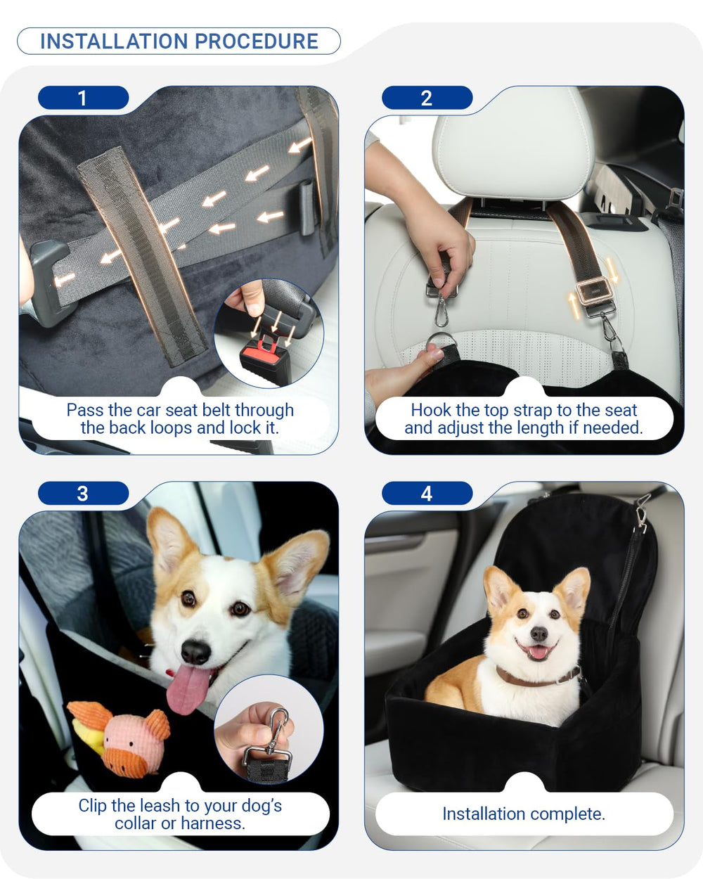 NUPIDA dog car seat setup shows quick installation steps.