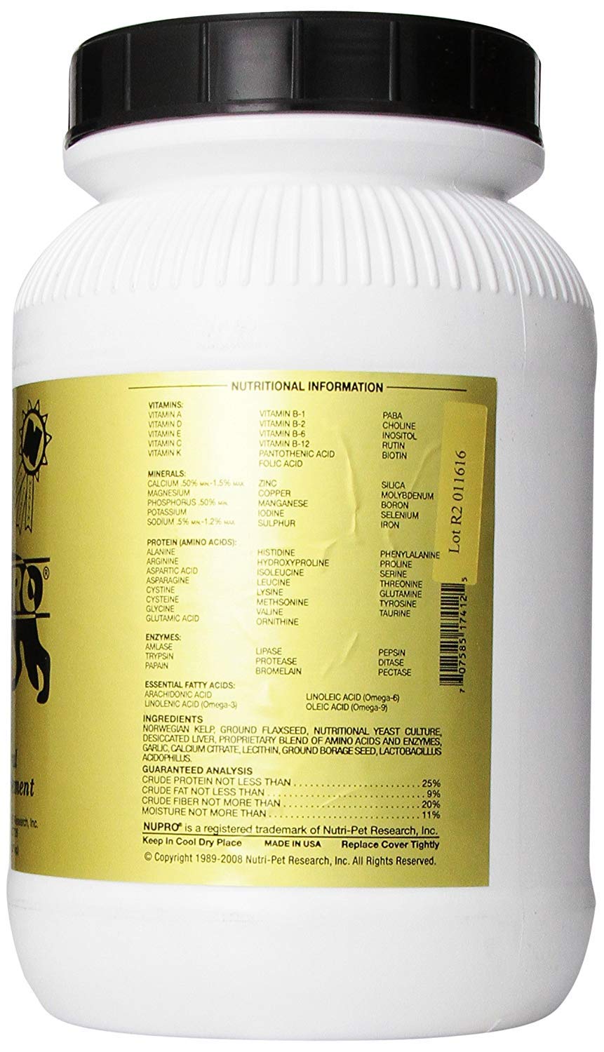 Nupro All Natural Dog Supplement ingredients label highlights corn- and wheat-free formula.