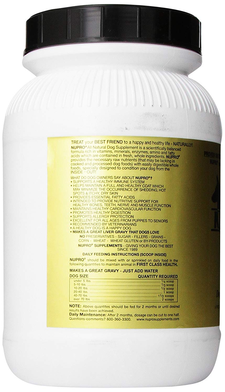 Nupro All Natural Dog Supplement scoop shows dosing by weight for convenient use.