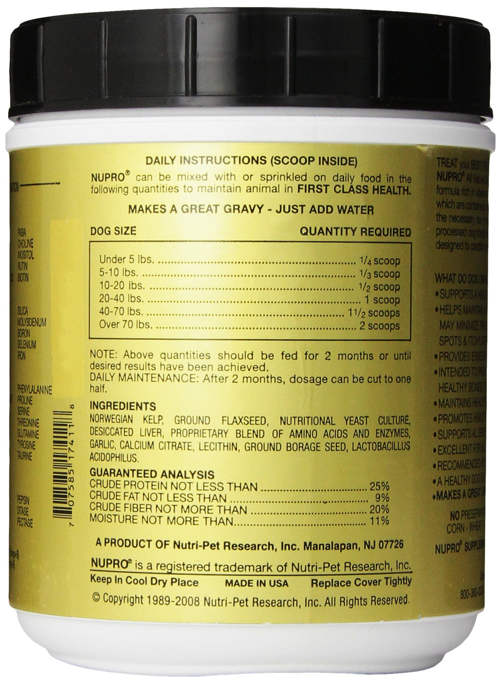 Nupro All Natural Dog Supplement dosing spoon with precise daily dosage for small dogs.