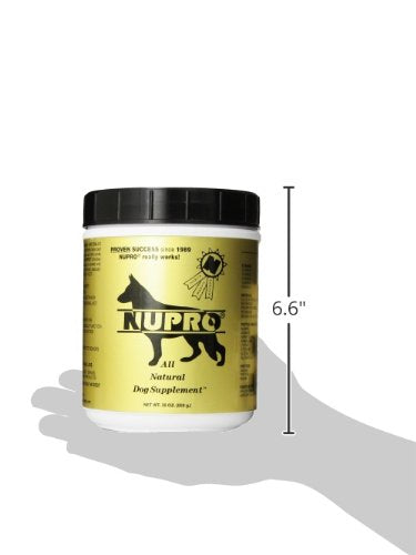 Nupro All Natural Dog Supplement scoop near dog fur illustrating potential hair growth support.