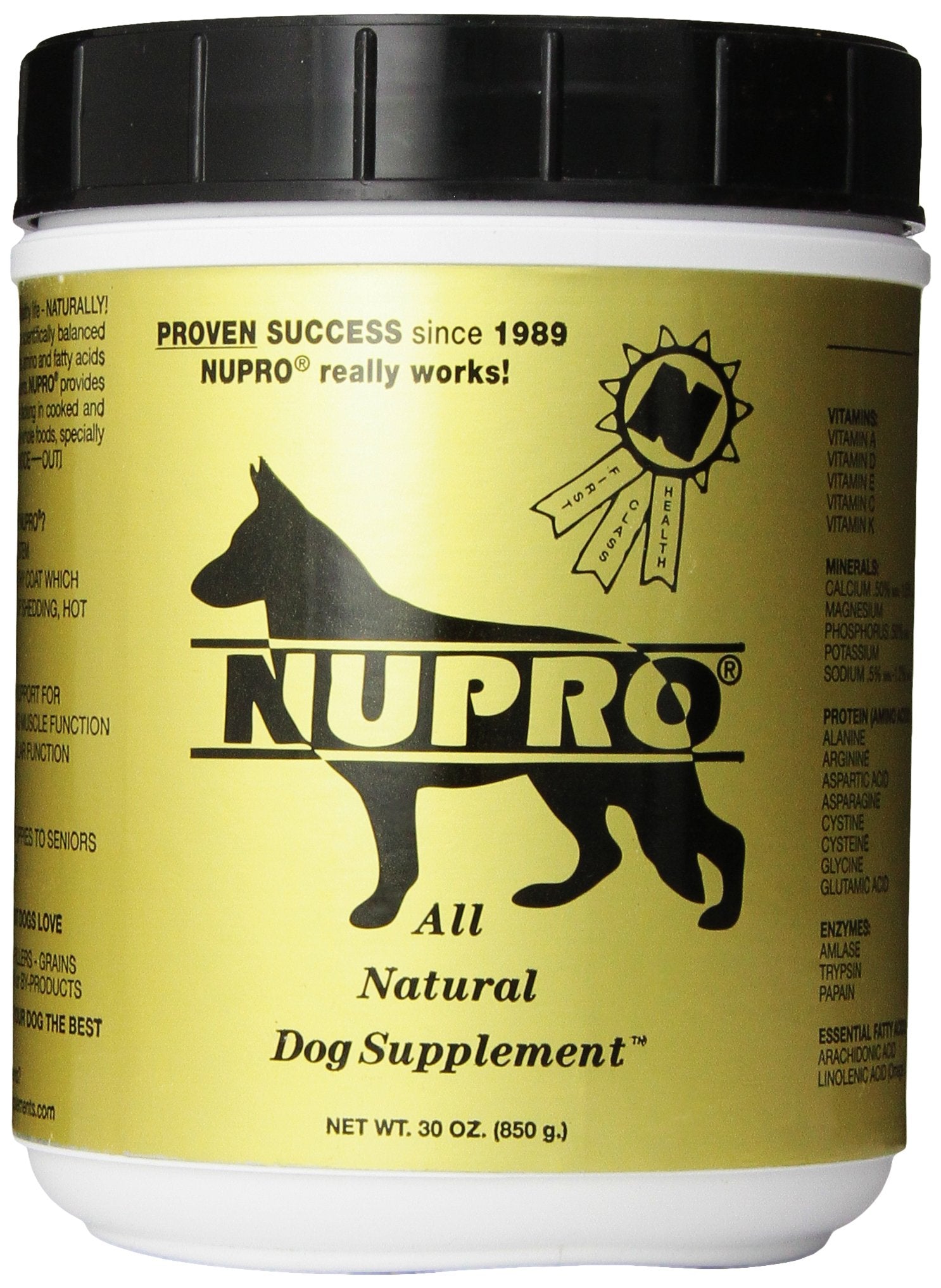 Nupro All Natural Dog Supplement jar front highlighting hair growth support.