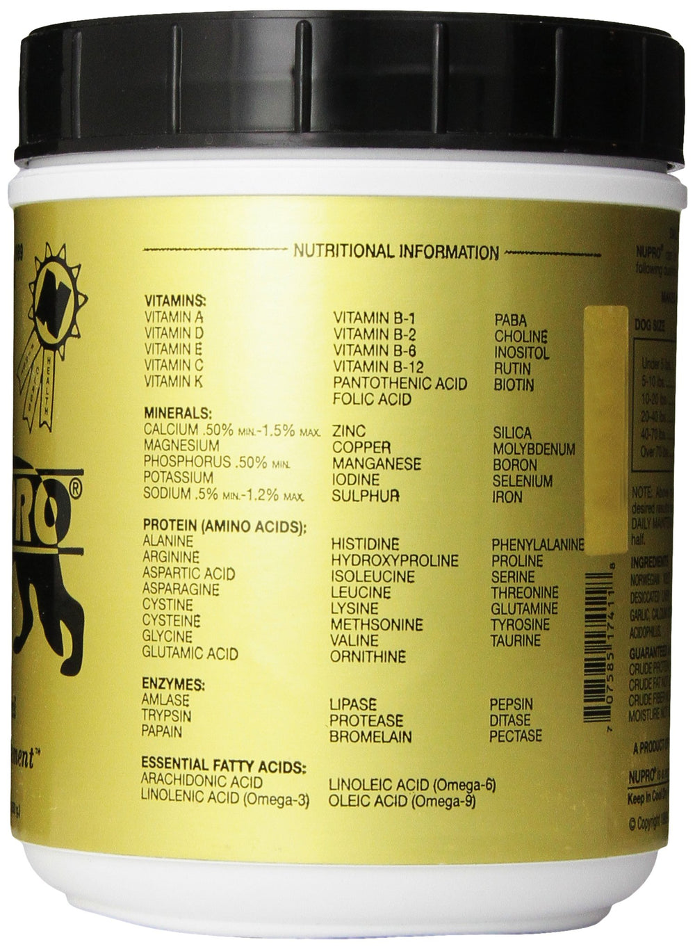 Nupro All Natural Dog Supplement bottle side indicating corn-free and wheat-free formula for sensitive dogs.