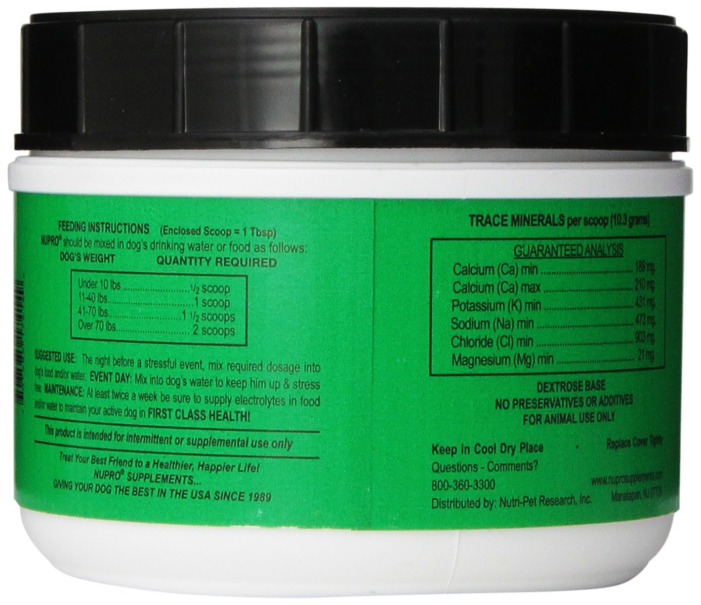 Nupro label highlights all-natural minerals for canine hydration and performance.
