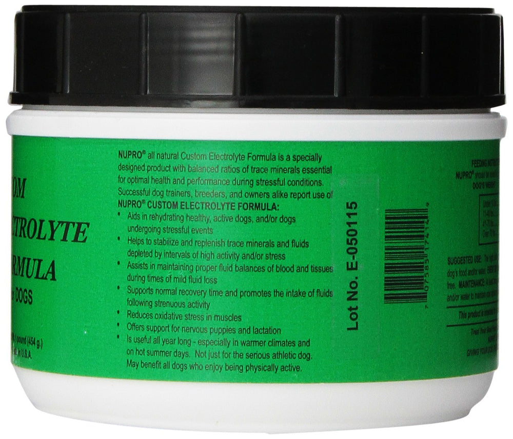 Nupro electrolyte powder being scooped to support hydration and appetite in dogs.