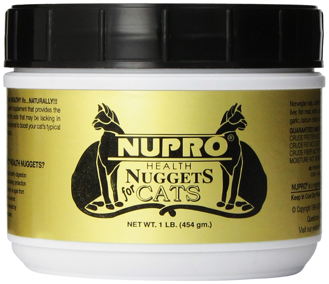 Nupro Health Nuggets for Cats jar closeup emphasizing natural nutrition support for felines