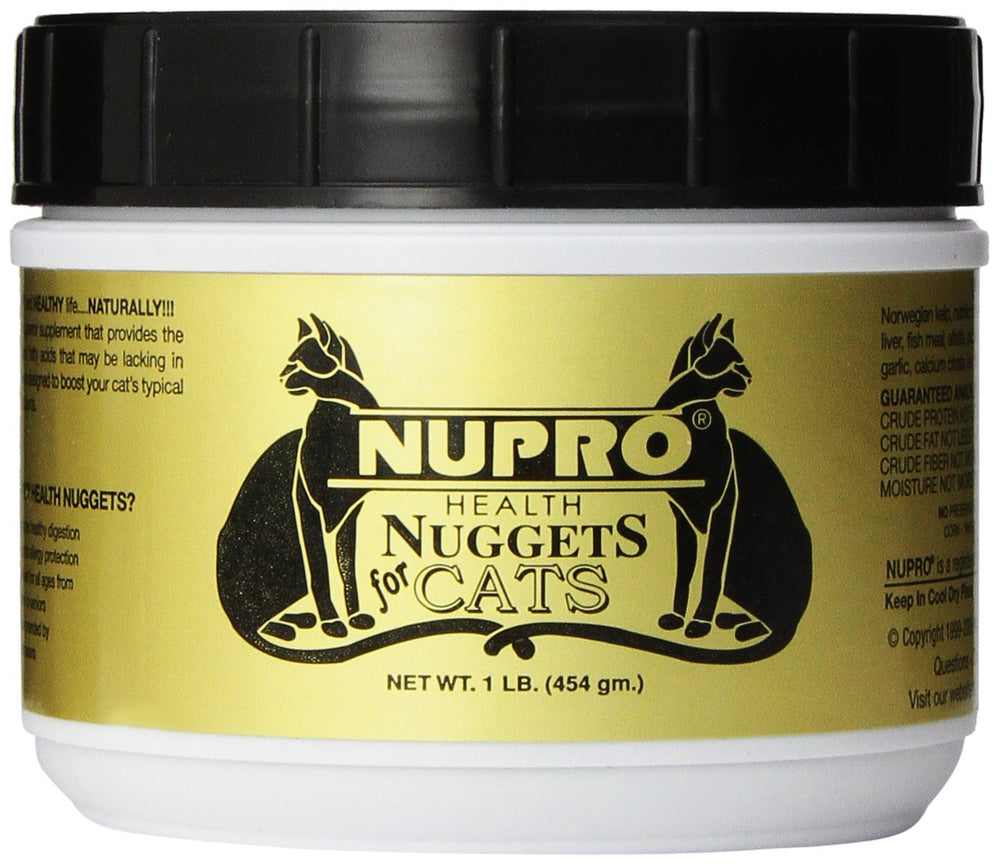 Nupro Health Nuggets for Cats jar closeup emphasizing natural nutrition support for felines