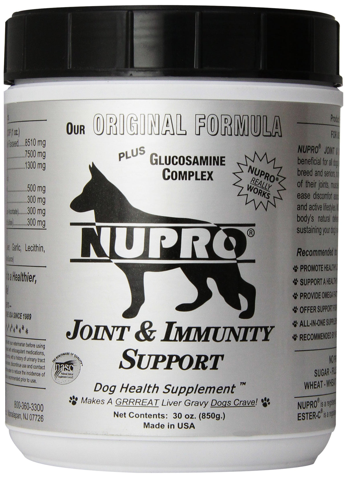 Nupro Joint Support 30 oz bottle shown for dogs, supporting joint comfort and mobility.