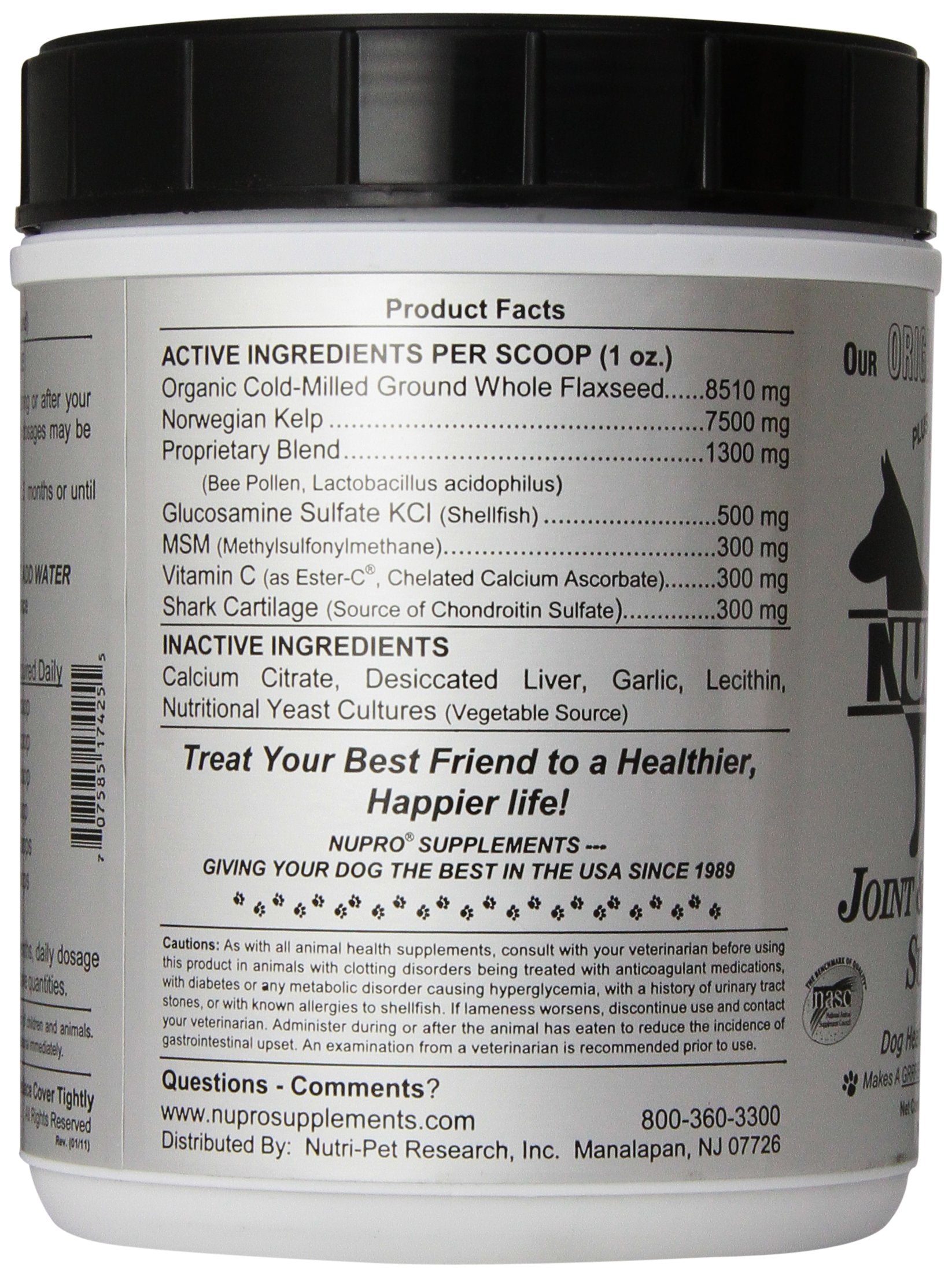 Nupro Joint Support bottle mid-pour illustrating easy dosing for pets.