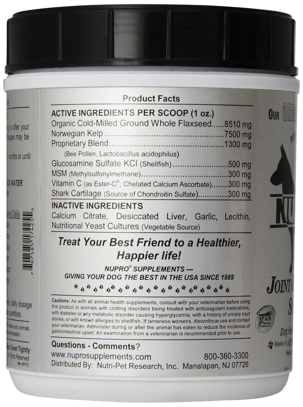 Nupro Joint Support bottle mid-pour illustrating easy dosing for pets.