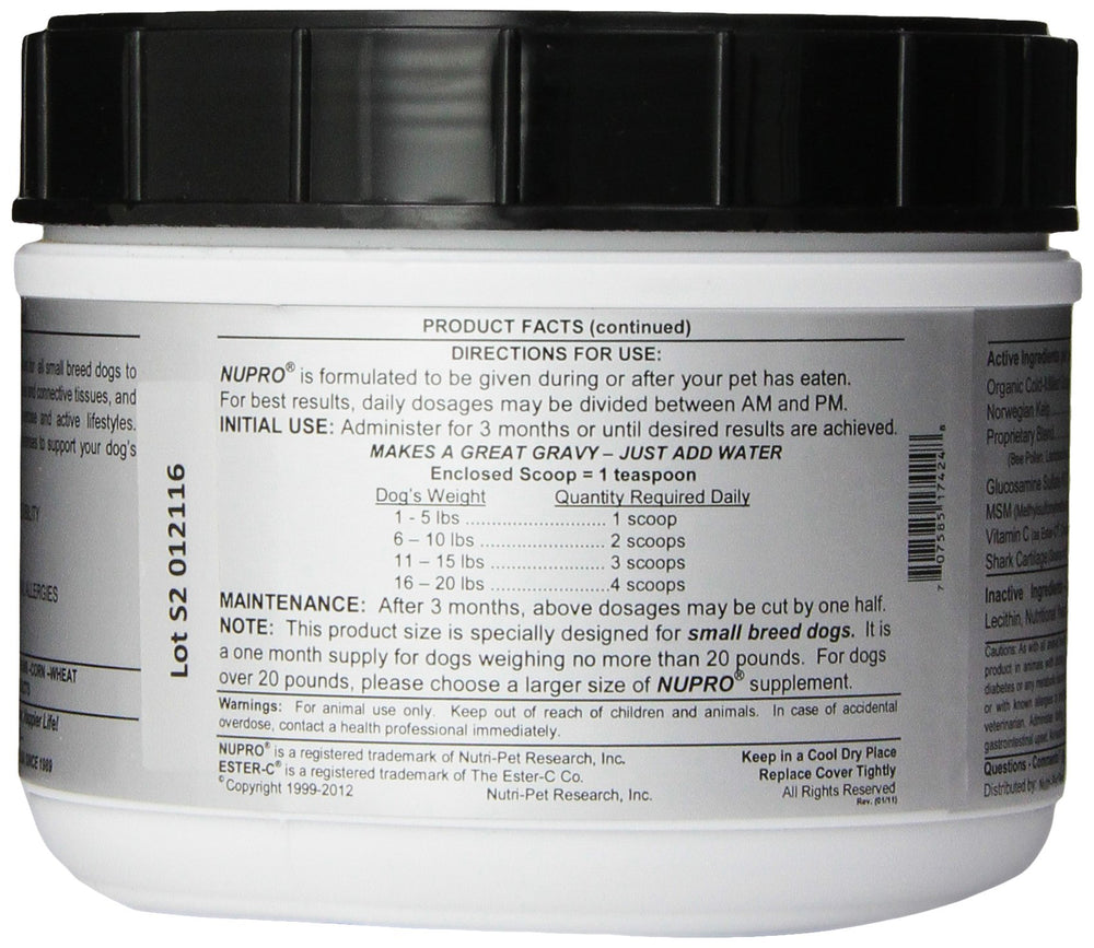Nupro Joint Support jar label highlights all-natural formula.