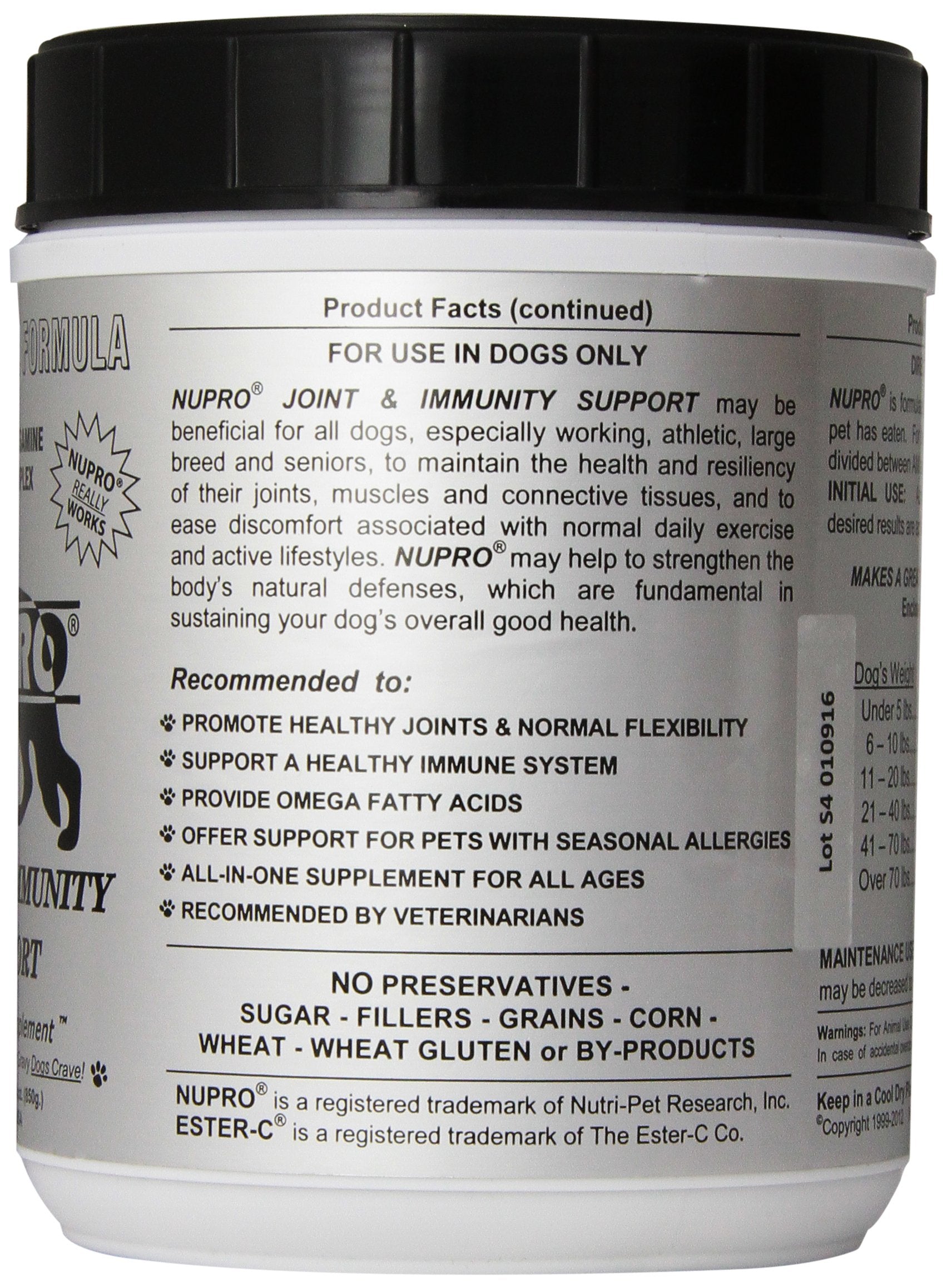 Nupro Joint Support label close-up highlights natural ingredients for canine joints.