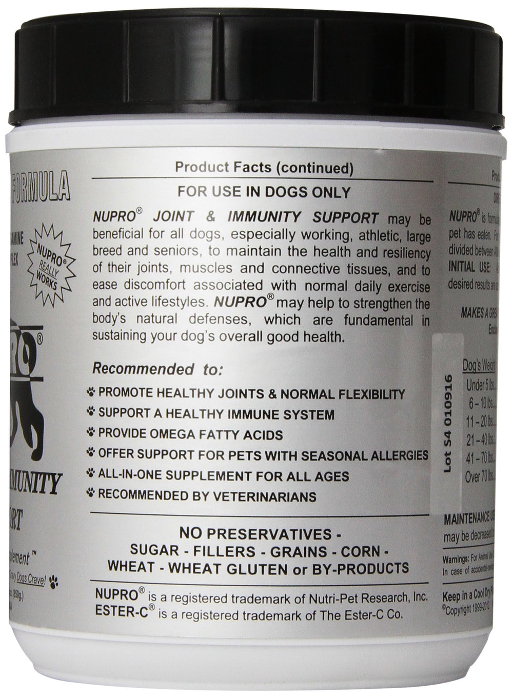 Nupro Joint Support label close-up highlights natural ingredients for canine joints.