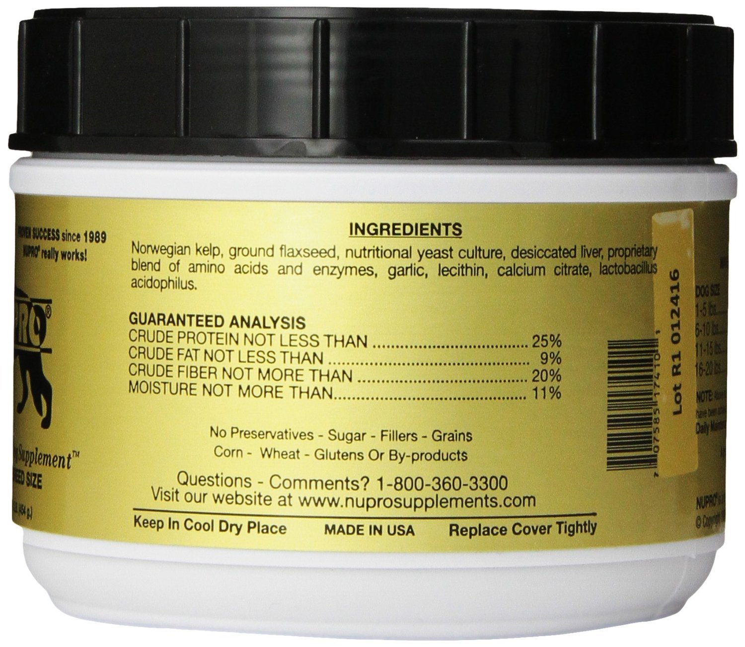 Nupro Nutri-Pet glucosamine blend label close-up for joint care