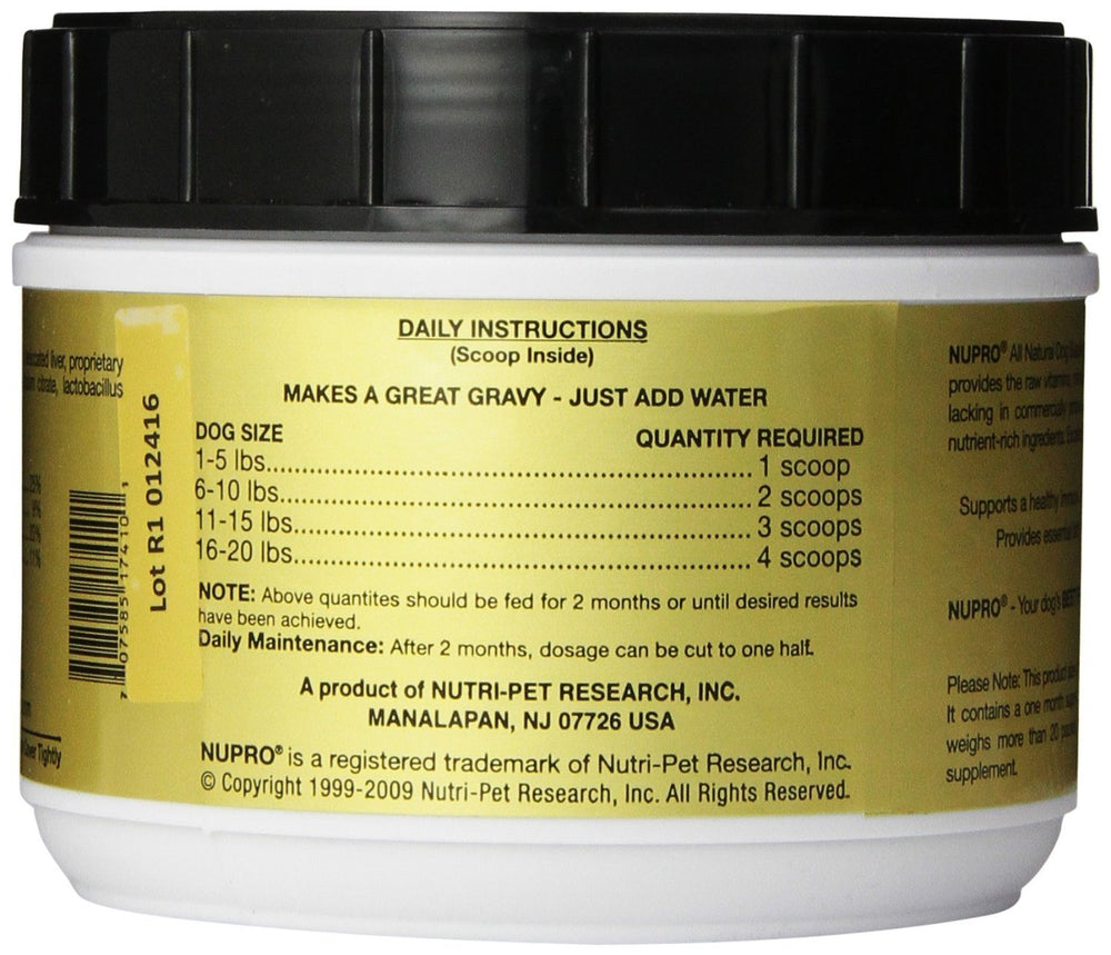 Nupro Nutri-Pet vitamin-mineral-enzymes panel highlighting nutrient-rich formula