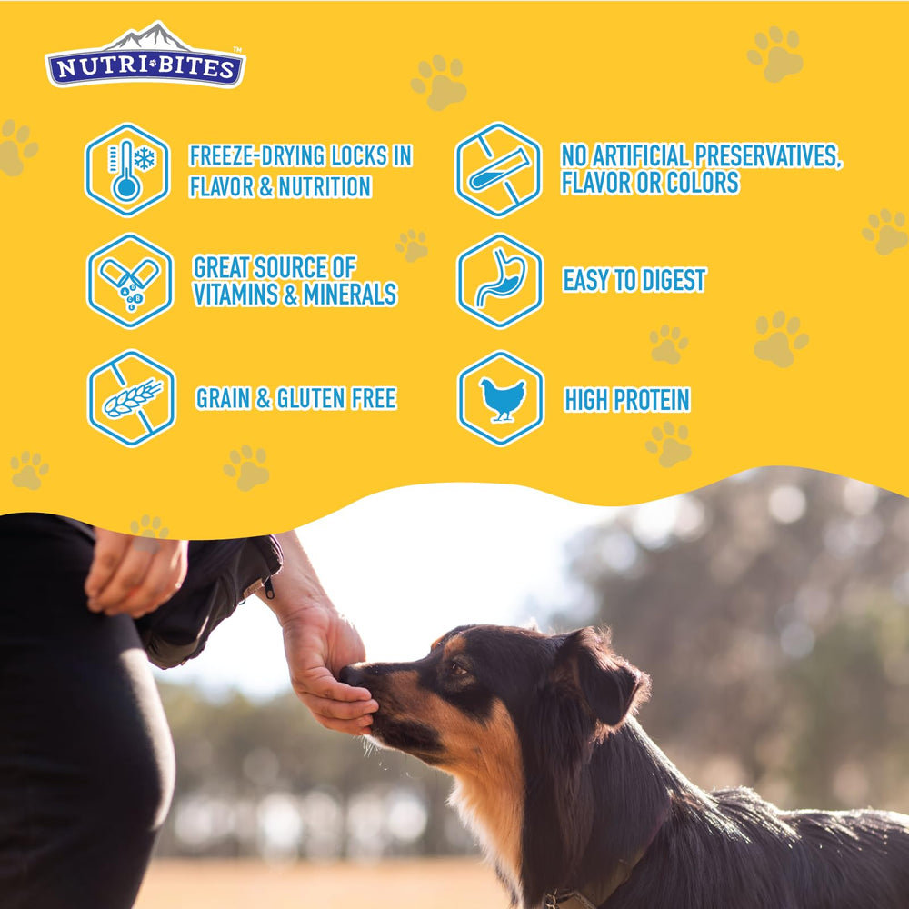 Nutri Bites freeze-dried chicken treats low-dust formula closeup.