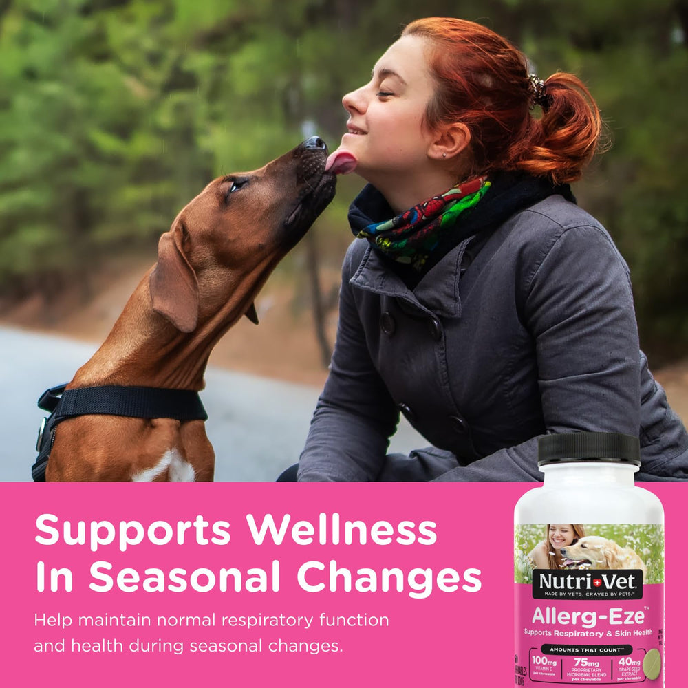 Nutri-Vet Allerg-Eze bottle display shows easy daily skin and coat support.