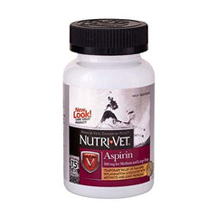 Nutri-Vet aspirin chewables large dogs bottle label, clear dosing guidance for responsible use.