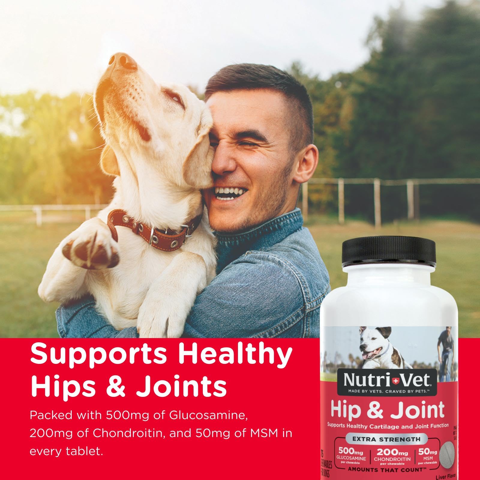 Nutri-Vet dog hip joint-tablet closeup shows chewable ease and pet-friendly flavor.