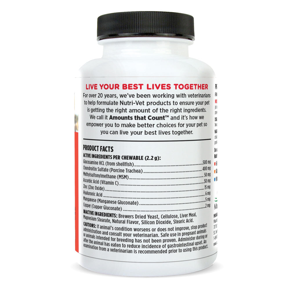 Nutri-Vet Hip & Joint chew packaging detail shows easy-to-use tablets