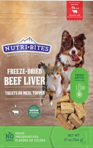 Nutri Bites packaging of freeze-dried beef liver treat showcases a single-ingredient natural snack.