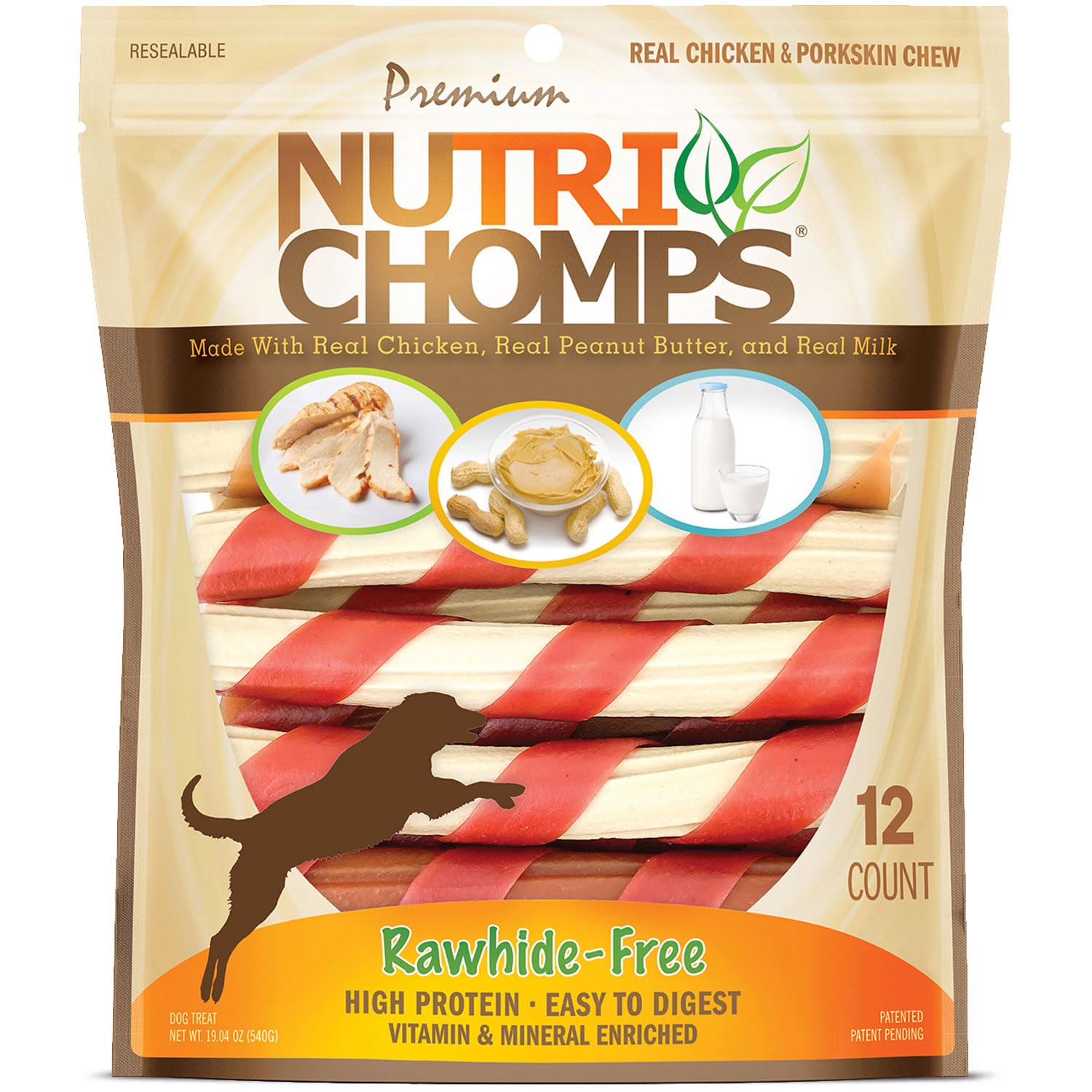 NutriChomps dog chews 6-inch twist in a resealable bag for freshness.