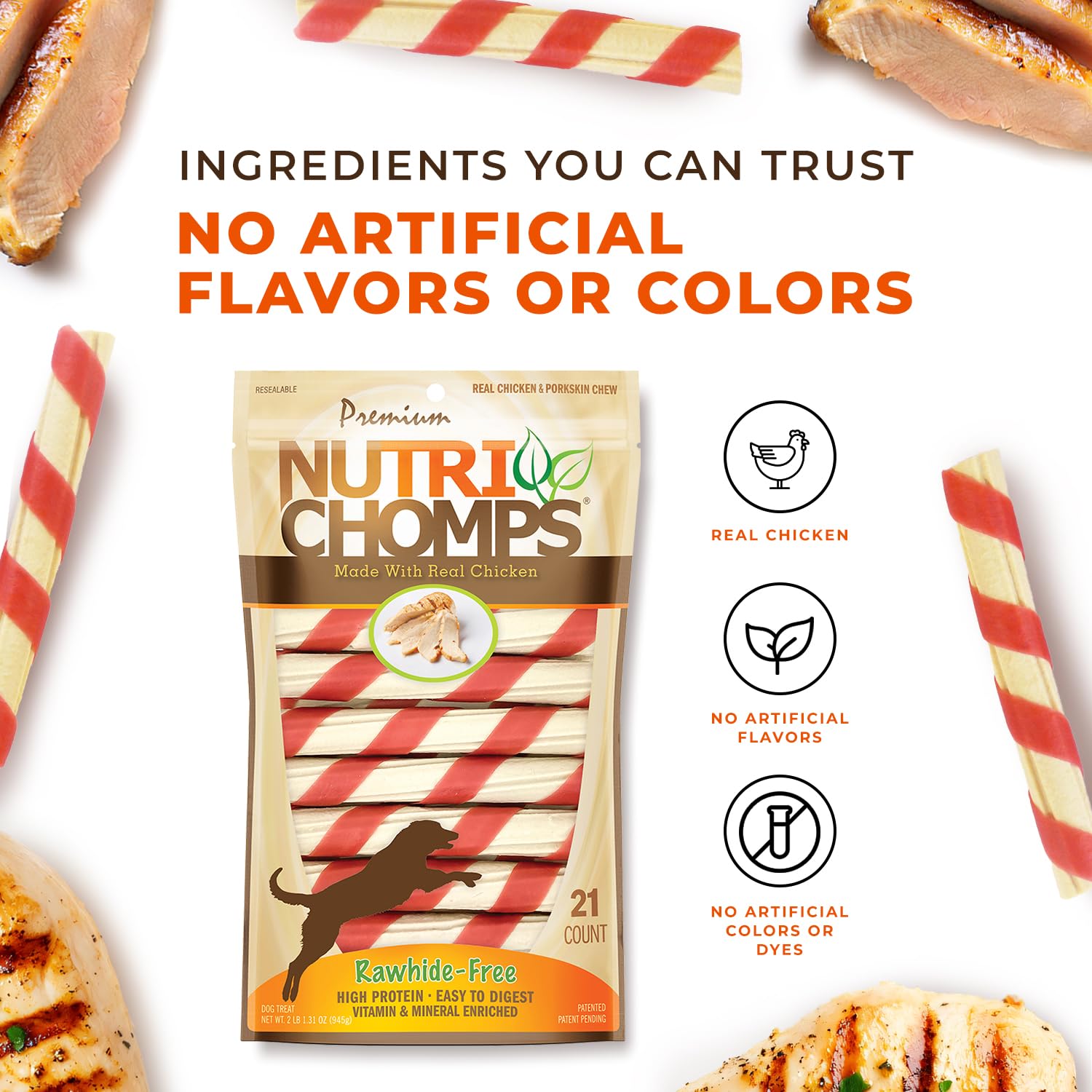 NutriChomps real chicken twist close-up during a dog treat moment