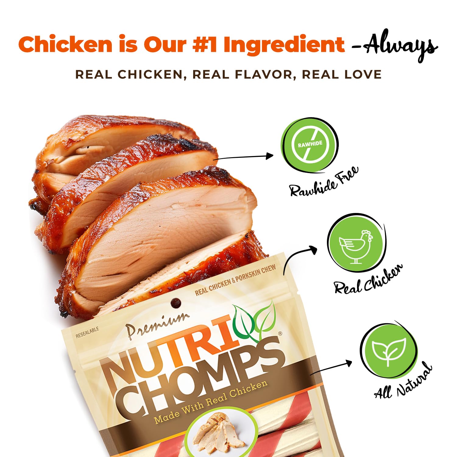 NutriChomps oven-roasted chicken twist highlighting savory flavor for picky eaters