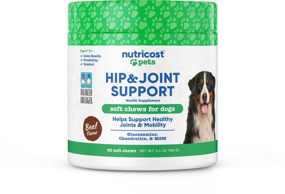 Nutricost Pets Hip & Joint Soft Chews in a dog bowl for daily joint support.