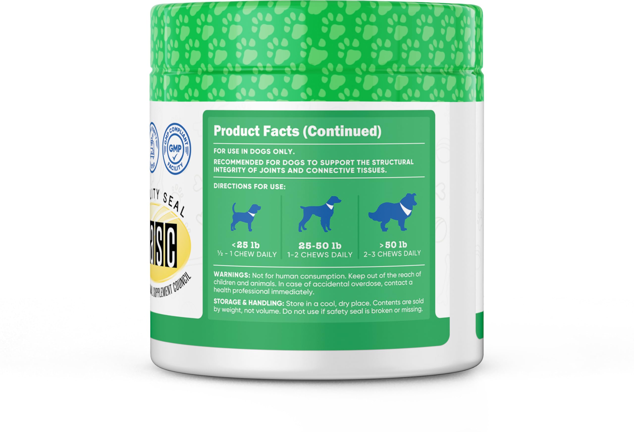 Nutricost Pets Hip & Joint Soft Chews packaging with NASC and GMP notes.