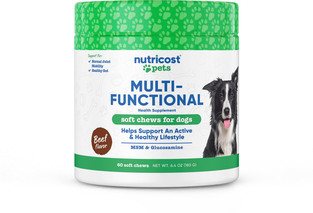 Nutricost Pets Soft Chews beef flavor bottle-60-chew daily supply for active dogs.