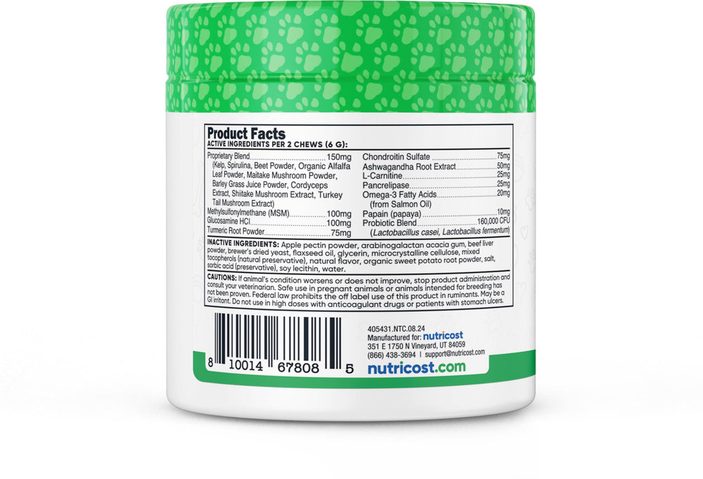 Nutricost Pets Soft Chews beef flavor dog eating reward-tasty way to support activity.
