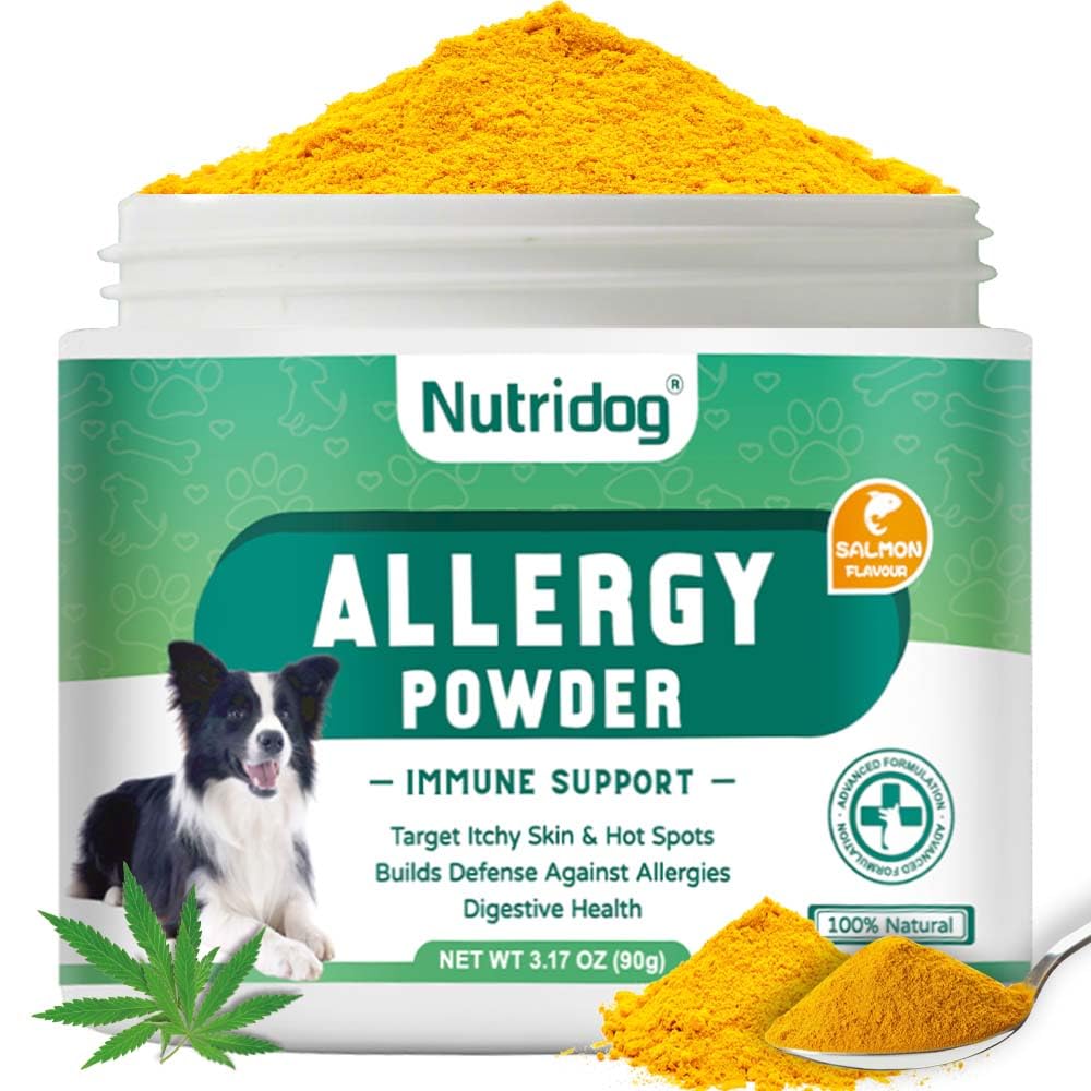 Nutridog allergy powder salmon-flavor in a dog bowl supports itchy skin relief and immune balance
