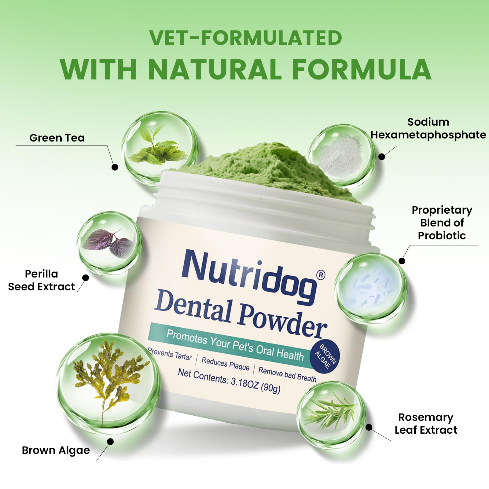 Nutridog dental powder measured scoop—easy dose for consistent daily oral care.