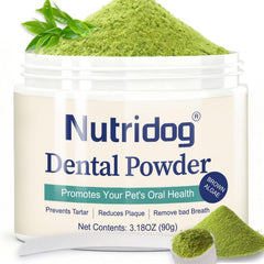 Nutridog dental powder tub packaging—eco-friendly jar for daily pet oral care.
