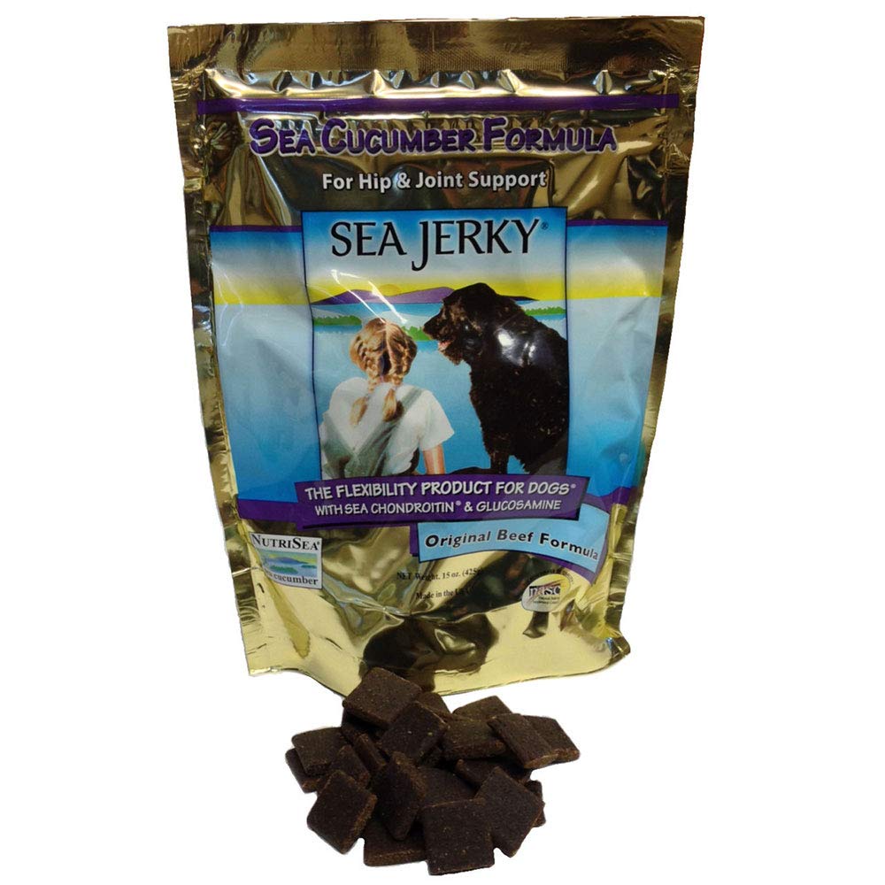NutriSea Sea Jerky Bag 15 oz pouch for dogs promoting joint flexibility.