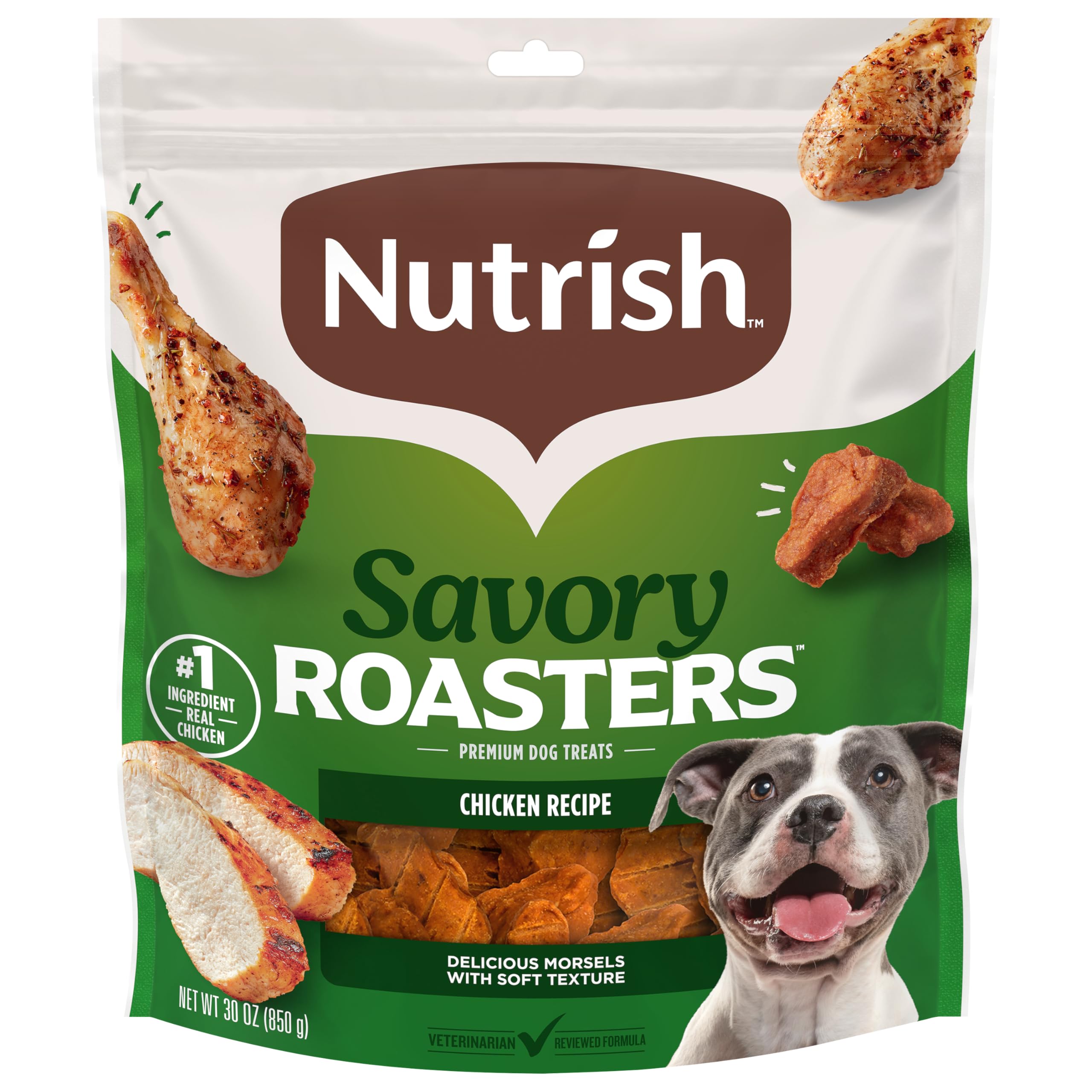 Nutrish Savory Roasters chicken dog treats pouch highlighting real chicken flavor for festive rewards.
