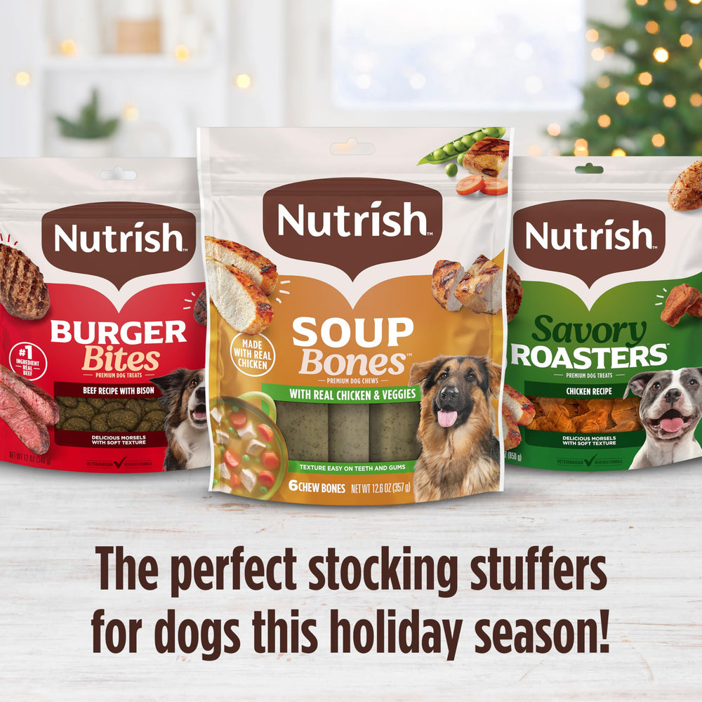 Nutrish Savory Roasters no-corn-soy image signals a wholesome snack option.