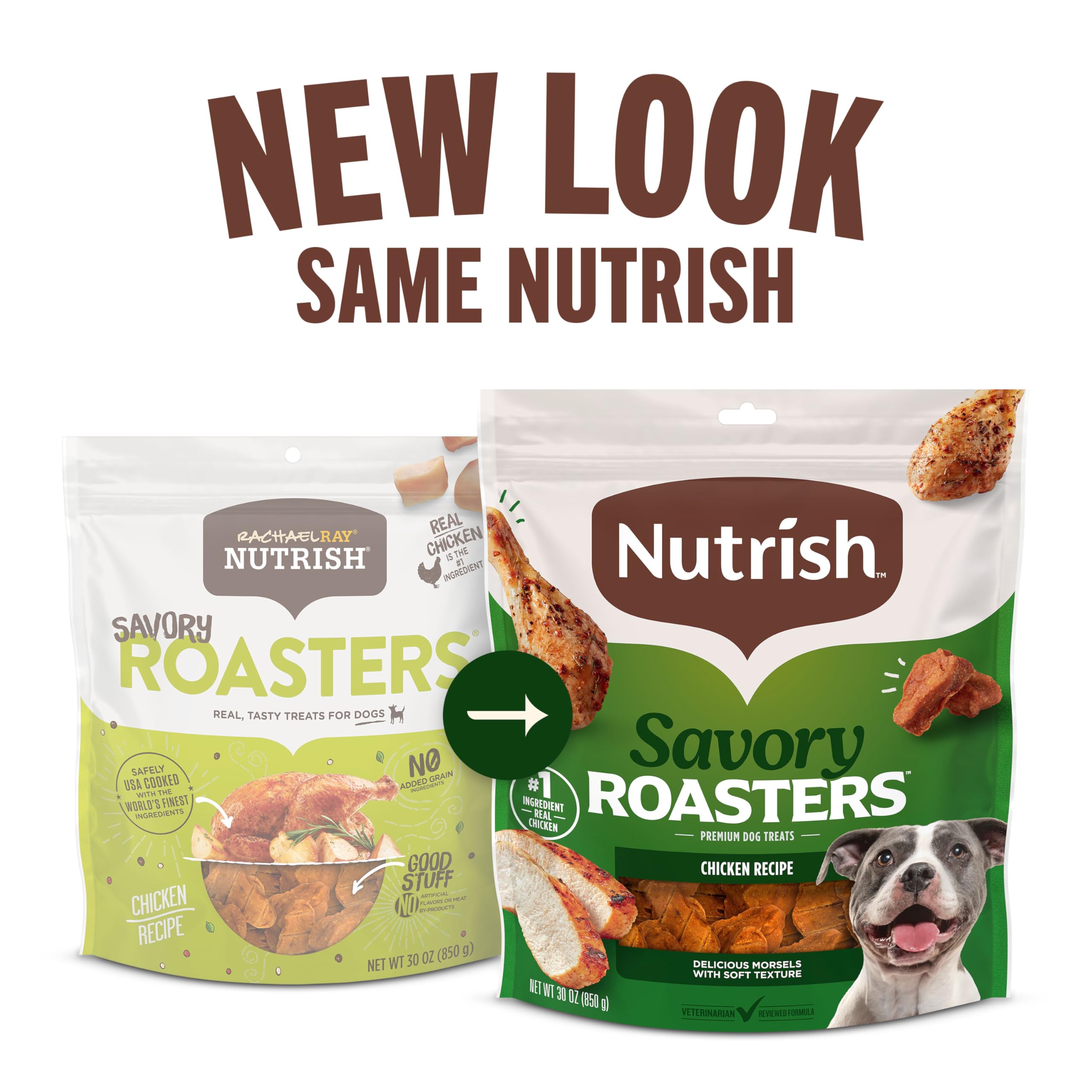 Nutrish Savory Roasters treats resealable bag showcases freshness and easy travel.