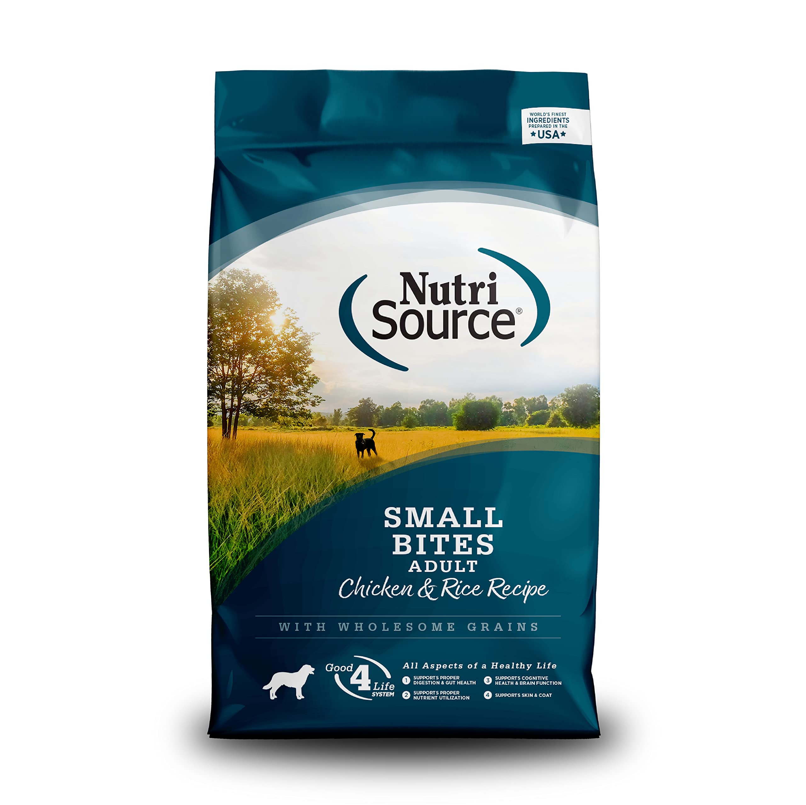 NutriSource Adult Chicken & Rice Small Bites dry kibble in a bowl for everyday nutrition.