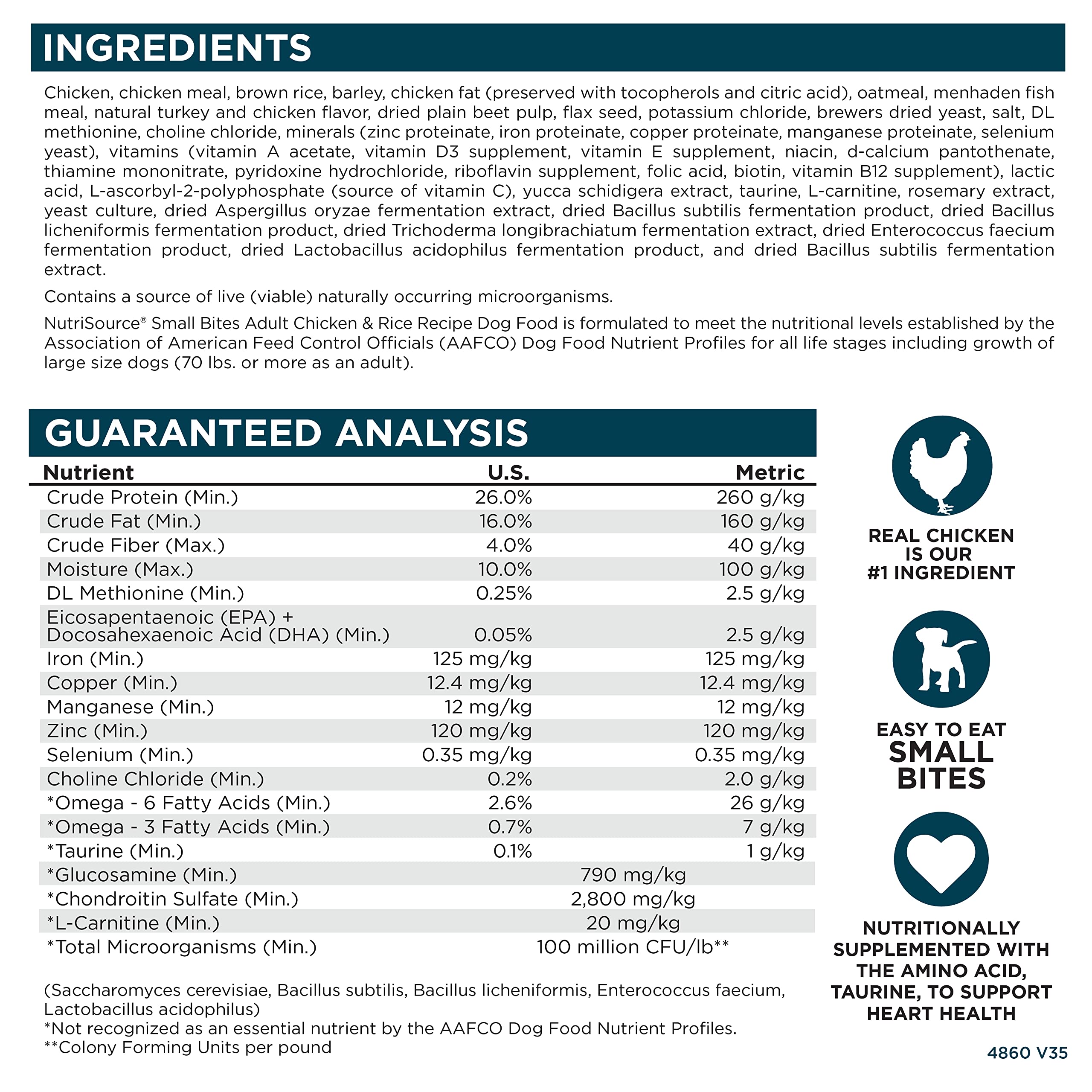 NutriSource Adult Chicken & Rice Small Bites package with dimensions labeled.