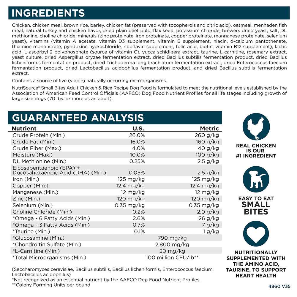 NutriSource Adult Chicken & Rice Small Bites package with dimensions labeled.