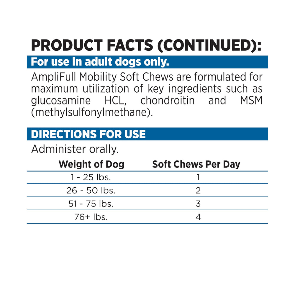 NutriSource AmpliFull Turkey Mobility Soft Chews ingredient panel highlights key components.