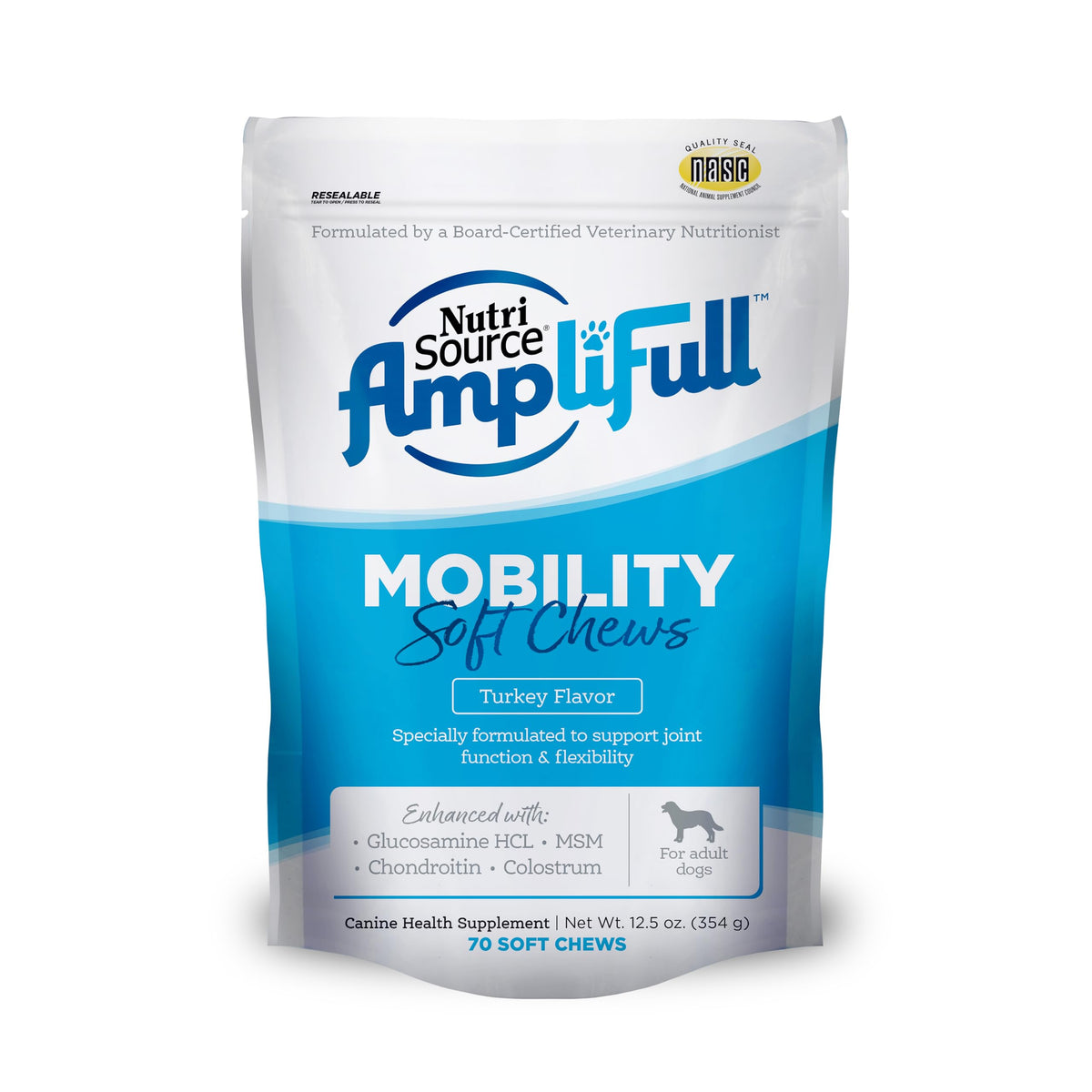 NutriSource AmpliFull Turkey Mobility Soft Chews pack-shot for daily joint support.
