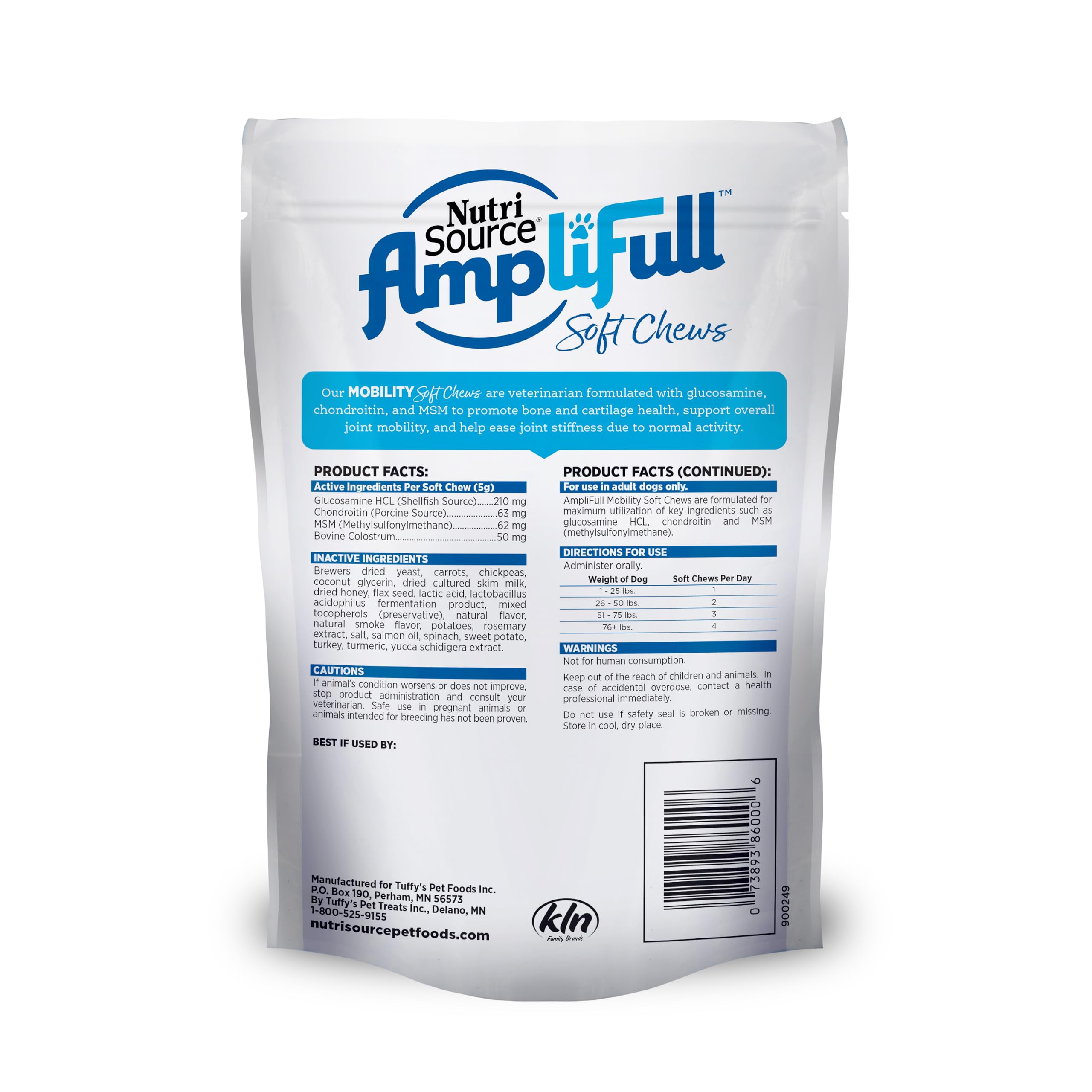 NutriSource AmpliFull Turkey Mobility Soft Chews pouring from bottle for easy dosing.