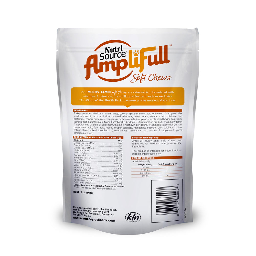 NutriSource AmpliFull package back lists vitamins and Gut Health Pack.