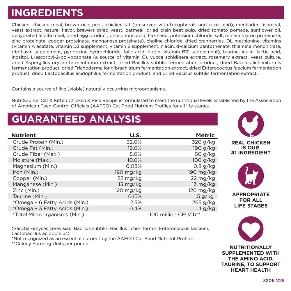 NutriSource cat-food bowl shows gut-friendly prebiotics and probiotics supporting digestion.